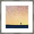 Man Standing On Hill, Star Trails Above Framed Print