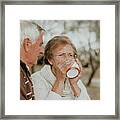 Mature Woman With Husband Drinking Tea Or Coffee.mature Women Drinking Tea Framed Print