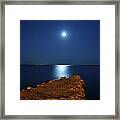 Moonshine Seascape And Old Jetty Framed Print