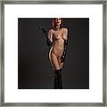 Passionate Naked Female Model On High Latex Boots Framed Print