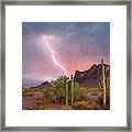 Saguaro (carnegiea Gigantea) Cacti With Lightning Over Peak In Desert, Picacho Peak State Park, Arizona Framed Print