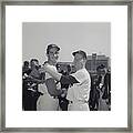 Sandy Koufax And Whitey Ford Shaking Framed Print