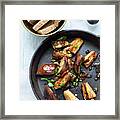 Still Life Of Fried Aubergines And Herbs In Frying Pan Framed Print