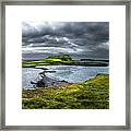 Stony Sandbank To Sunlit Green Island At Low Tide On The Isle Of Skye In Scotland Framed Print