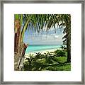 Inviting Bimini Beach Between 2 Palm Trees Framed Print