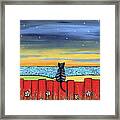 Tabby Cat Red Fence Sunset Ocean Framed Print