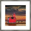 The Big Red Lighthouse At Sunset On Lake Michigan By Ottawa Beac Framed Print