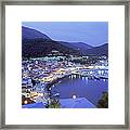 Town & Harbor At Night, Epirus, Greece Framed Print
