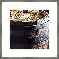 Two Glasses Of Whisky With Ice On An Old Wooden Barrel Framed Print