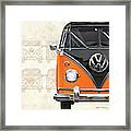 Volkswagen Type 2 - Black And Orange Volkswagen T1 Samba Bus Over Vintage Sketch Framed Print