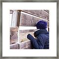 Woman In Wool Hat Leaning, Looking To The Horizon Through Wood Fence Framed Print