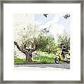 Woman On Scooter Riding Around Corner Framed Print