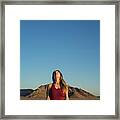 Woman Practicing Upward Facing Dog Position Against Clear Blue Sky During Sunset Framed Print
