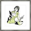 Woman With Recipe Book And Mixing Bowl Framed Print