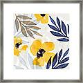 Yellow And Navy 3- Floral Art By Linda Woods Framed Print