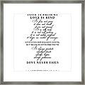 1 Corinthians 13 4 8 - Bible Verse - Love Never Fails - Spiritual, Scripture, Christian - Motivation Framed Print