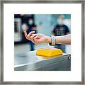 Cropped Shot Of Young Asian Woman Checking In At Subway Station Using Contactless Payment For Subway Ticket Via Smartwatch #1 Framed Print