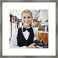 Denmark, Aarhus, Portrait Of Young Woman Holding Tray With Beer Glasses #1 Framed Print