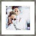 Female Scientist Looking Through A Microscope #1 Framed Print