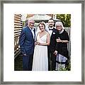 Millennial Newlywed Couple Posing With Grandparents In Backyard. #1 Framed Print