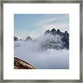 Mountain Landscape With Fog In Autumn. Tre Cime Dolomiti Italy. Framed Print