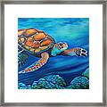 Painting Blue Turtle Sea Blue Animal Nature Art O #1 Framed Print