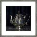 Silver And Brass Teapots Black Background Marble Table Framed Print
