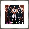 Stephen Curry, Kevin Durant, and Klay Thompson Framed Print