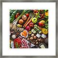 Varied Food Carbohydrates Protein Vegetables Fruits Dairy Legumes On Wood #1 Framed Print