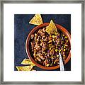 Vegetarian Chili With Soy Meat Cut Into Strips And Tortilla Chips In Earthenware Dish #1 Framed Print