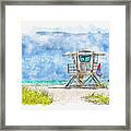 Watercolor Painting Illustration Of Lifeguard Tower In Miami Framed Print