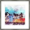 Watercolor Painting Illustration Of Miami Beach Ocean Drive Panorama With Hotels And Restaurants At Sunset Framed Print