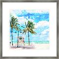 Watercolor Painting Illustration Of Seafront Beach Promenade With Palm Trees In Fort Lauderdale Framed Print