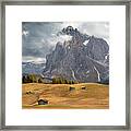 Landscape With Beautiful Autumn Meadow Field And The Amazing Dolomite Rocky Peaks. Valley Of Alpe Di Siusi Seiser Alm South Tyrol Italy. #2 Framed Print