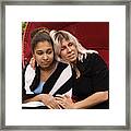 Portrait Of Mixed-race Teenager And Mother After Swim In Backyard Pool. #2 Framed Print