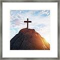 Cross On Mountain Peak At Sunset Christian Religion #3 Framed Print