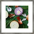 Onions, Chives And Garlic Scattered On Wood Table #3 Framed Print