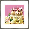 Easter Theme Candy Land Drip Cupcakes In Party Table Setting. #7 Framed Print
