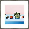 A Row Of Different Fruits And Vegetables On A Table Top Framed Print