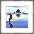 A Watery Walk To Haystack Rock, Oregon Framed Print