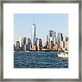 A White Sailing Boat Enters The Hudson River In New York Framed Print