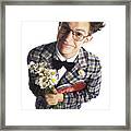A Young Adult Male Nerd In A Plaid Suit With Flowers And Chocolates Smiles Up At The Camera Framed Print