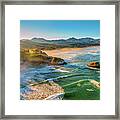 Aerial 2 Photo Pano Hovering Over The Ocean At Golden Hour Of 3 Bird Rocks, Ecola Park, Cannon Beach Framed Print