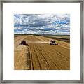 Aerial View Of Combine On Harvest Field Framed Print