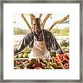 African American Vendor Smiling At Farmers Market Framed Print