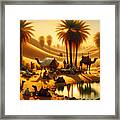 An Arabian Caravan At An Oasis, With Palm Trees And Desert Dunes Framed Print