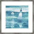 Aqua Blue Teal Sailboat At The Ocean Shore Seascape Painting Beach House Watercolor I Framed Print