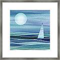 Aqua Blue Teal Sailboat At The Ocean Shore Seascape Painting Beach House Watercolor Ii Framed Print