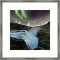 Aurora Borealis Over Gullfoss Waterfall In Iceland Framed Print