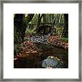 Autumn Landscape With River Flowing Below A Stoned Ancient  Bridge Framed Print
